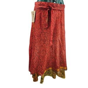 Kariza Silk wrap patchwork midi skirt OS Sustainable Recycled Boho Hippie 4112